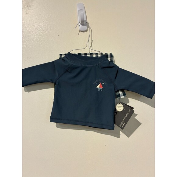 NWT Modern Moments Blue Plaid 2-Piece Rash Guard Swimsuit- 0-3M - Picture 1 of 3